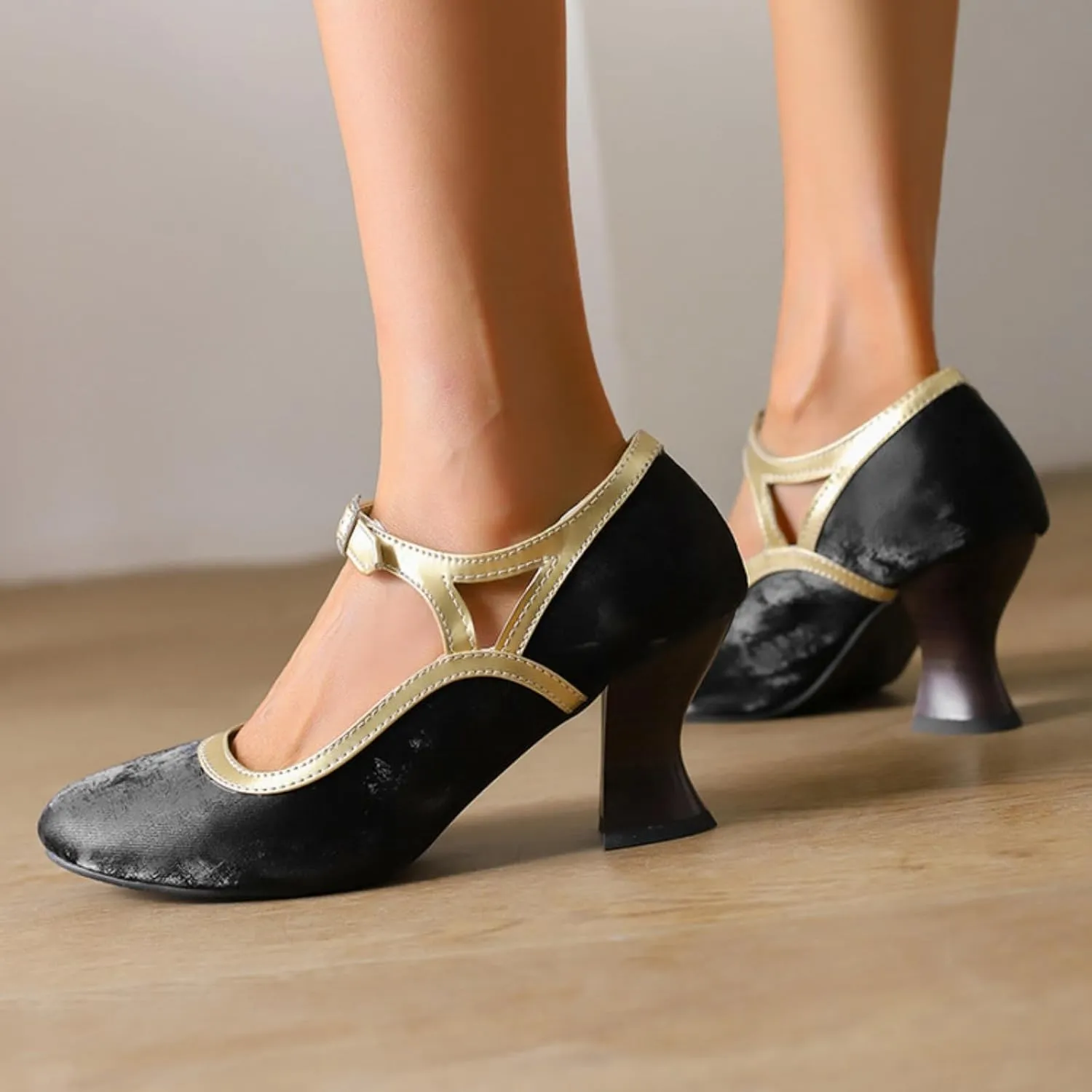 Women's Kitten Heels Mary Jane Pumps Round Closed Toe Ankle Strap Buckle Patchwork Classic Vintage Lolita Wedding Dress Shoes