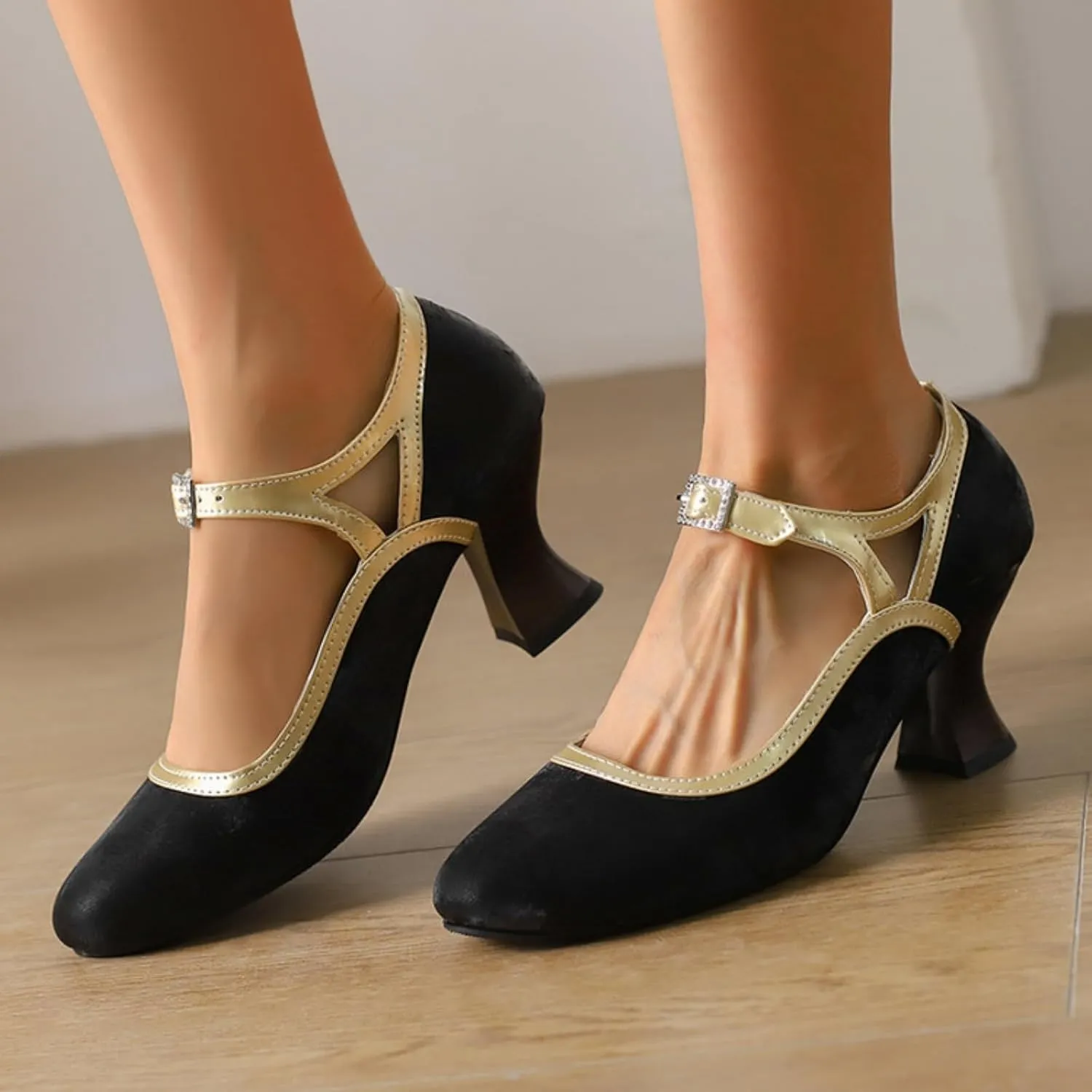 Women's Kitten Heels Mary Jane Pumps Round Closed Toe Ankle Strap Buckle Patchwork Classic Vintage Lolita Wedding Dress Shoes