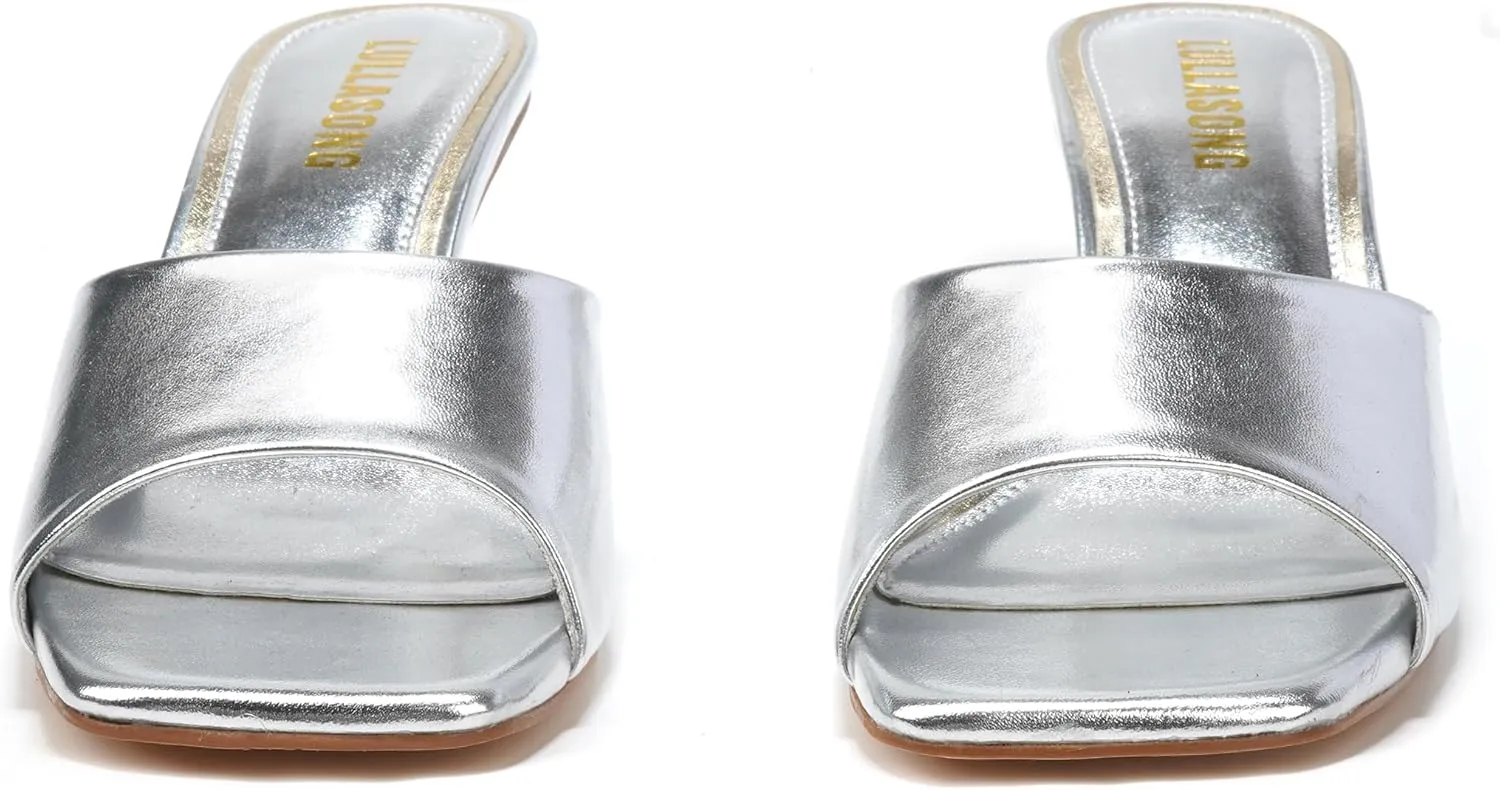 Women's Kitten Heels Sandals Low Heels Slip On Slides 2 Inch Heeled Square Open Toe Sandals for Women