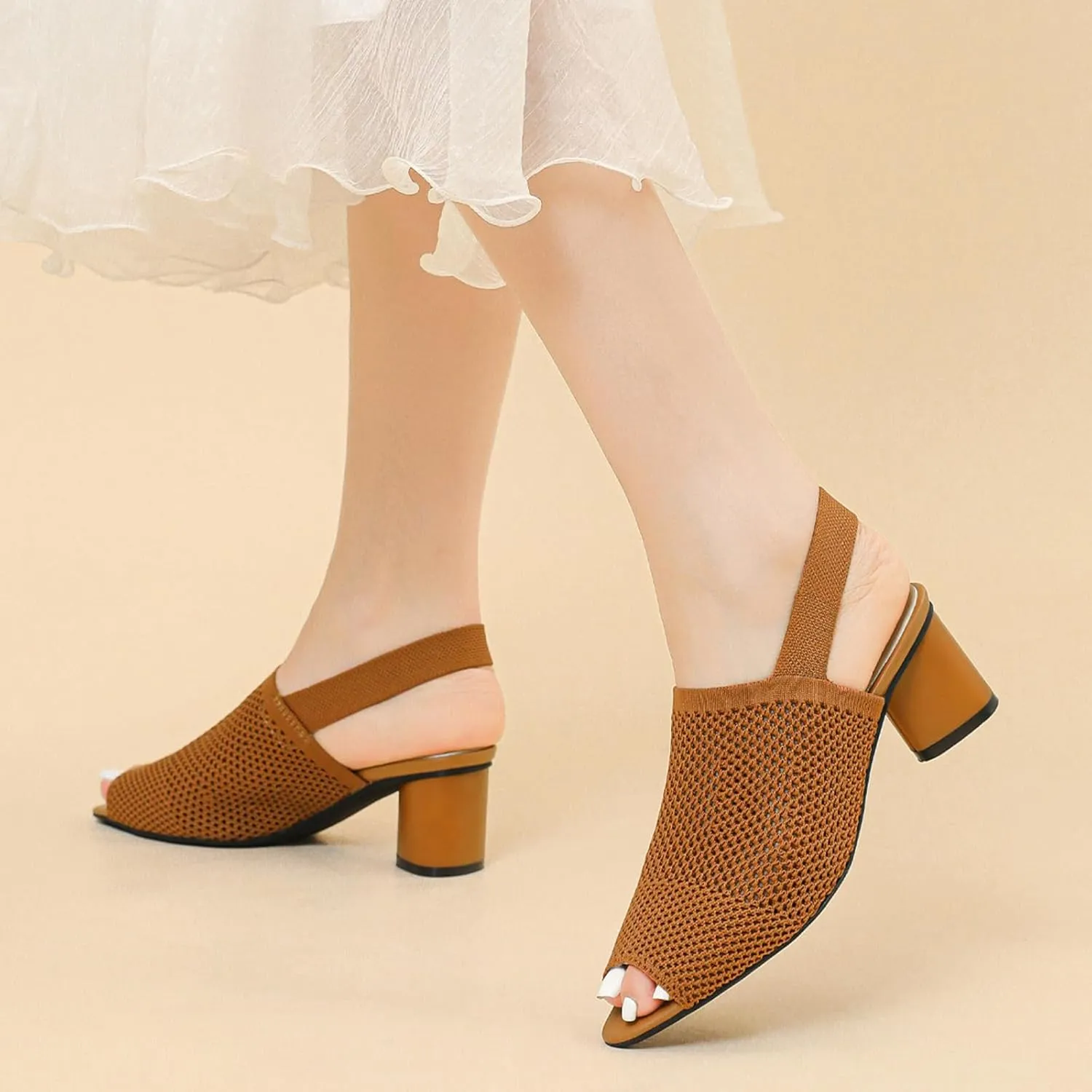 Women's Knit Peep Toe Slingback Chunky Heeled Sandals with Ankle Strap Fashion Open Pointed Toe Cut Out Slip On Backless High Heels Summer Casual Work Office Wedding Dressy Pumps