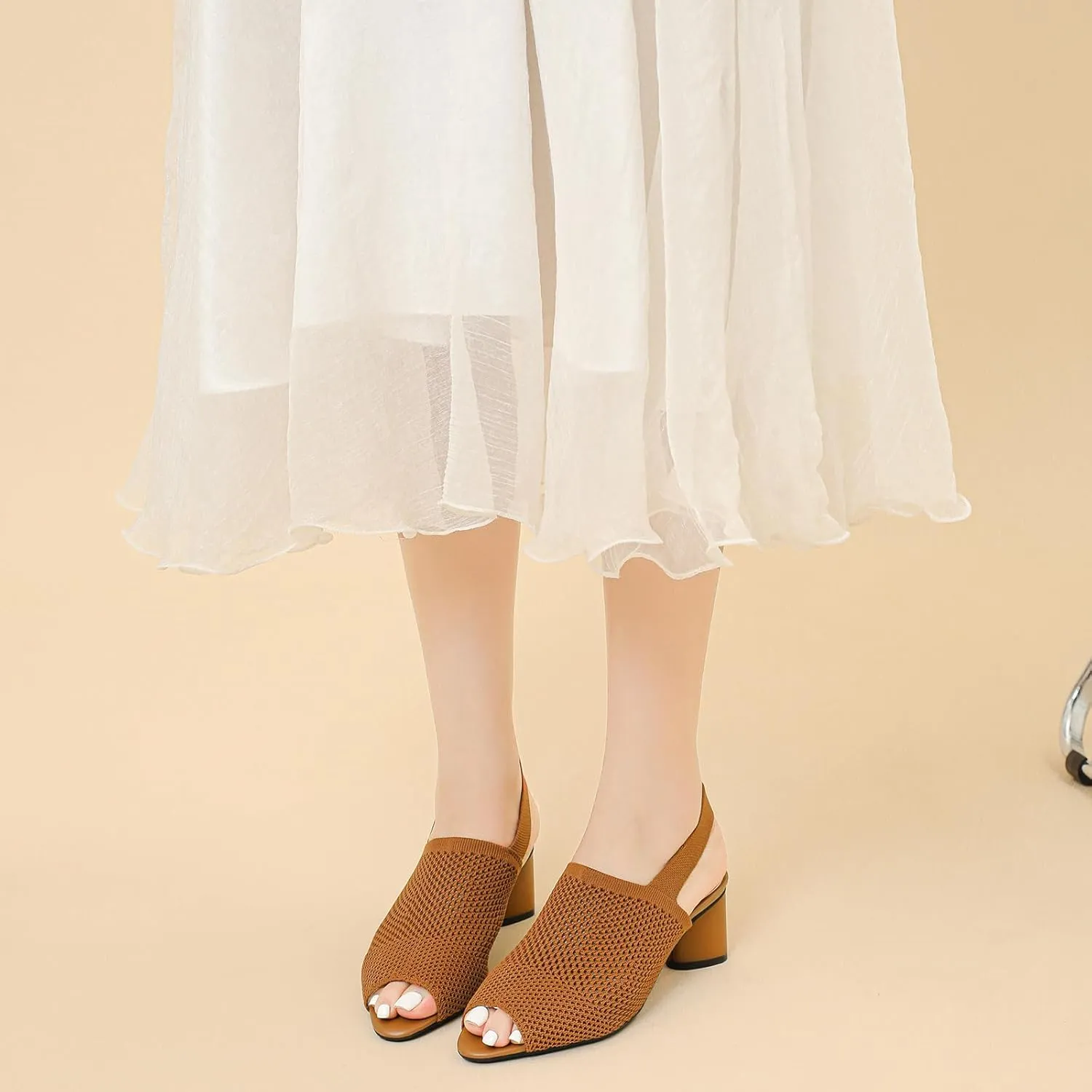 Women's Knit Peep Toe Slingback Chunky Heeled Sandals with Ankle Strap Fashion Open Pointed Toe Cut Out Slip On Backless High Heels Summer Casual Work Office Wedding Dressy Pumps