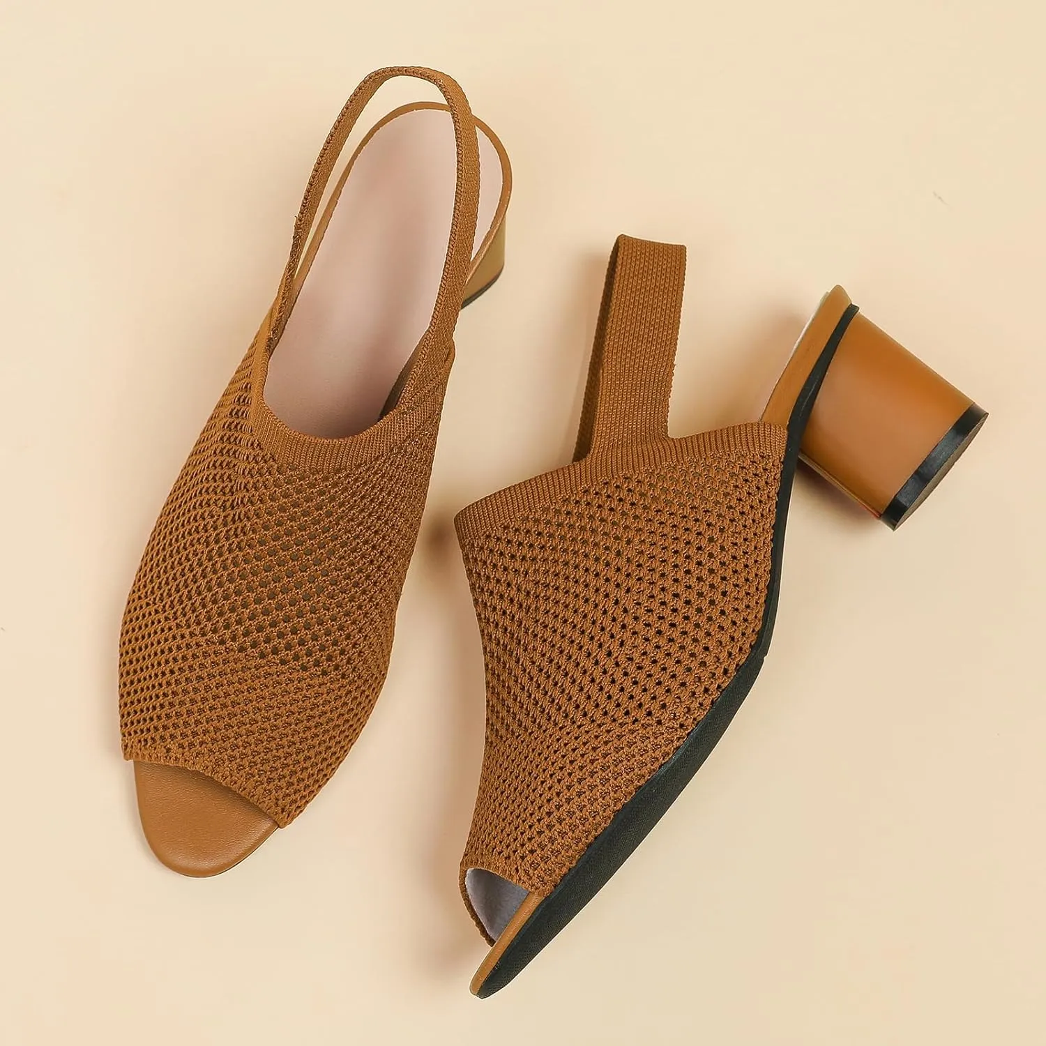 Women's Knit Peep Toe Slingback Chunky Heeled Sandals with Ankle Strap Fashion Open Pointed Toe Cut Out Slip On Backless High Heels Summer Casual Work Office Wedding Dressy Pumps