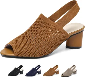 Women's Knit Peep Toe Slingback Chunky Heeled Sandals with Ankle Strap Fashion Open Pointed Toe Cut Out Slip On Backless High Heels Summer Casual Work Office Wedding Dressy Pumps