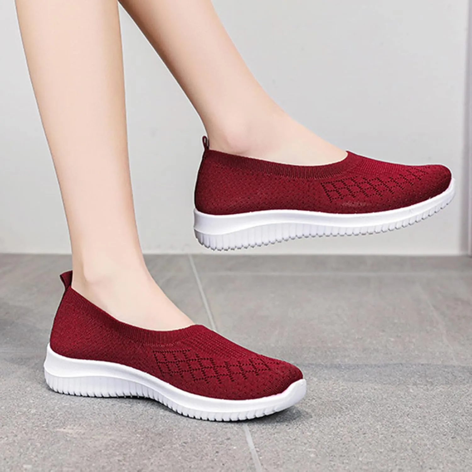 Women’s Knitted Flat Walking Shoes Comfortable Slip On Mesh Lightweight Low Heel Sneakers Casual Soft Gym Nurse Work Mom Loafers