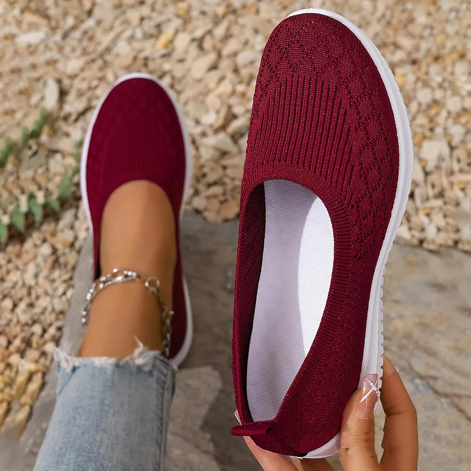 Women’s Knitted Flat Walking Shoes Comfortable Slip On Mesh Lightweight Low Heel Sneakers Casual Soft Gym Nurse Work Mom Loafers