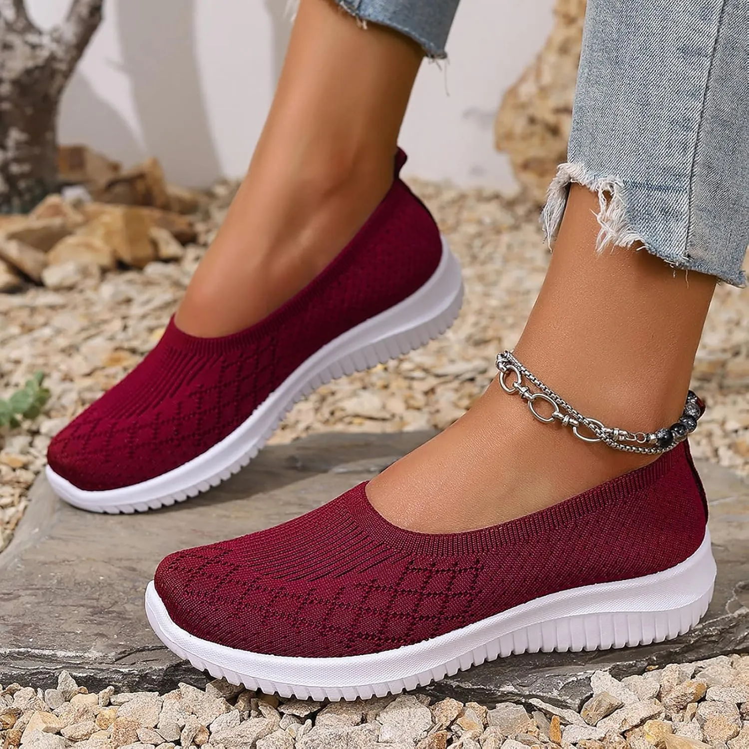 Women’s Knitted Flat Walking Shoes Comfortable Slip On Mesh Lightweight Low Heel Sneakers Casual Soft Gym Nurse Work Mom Loafers