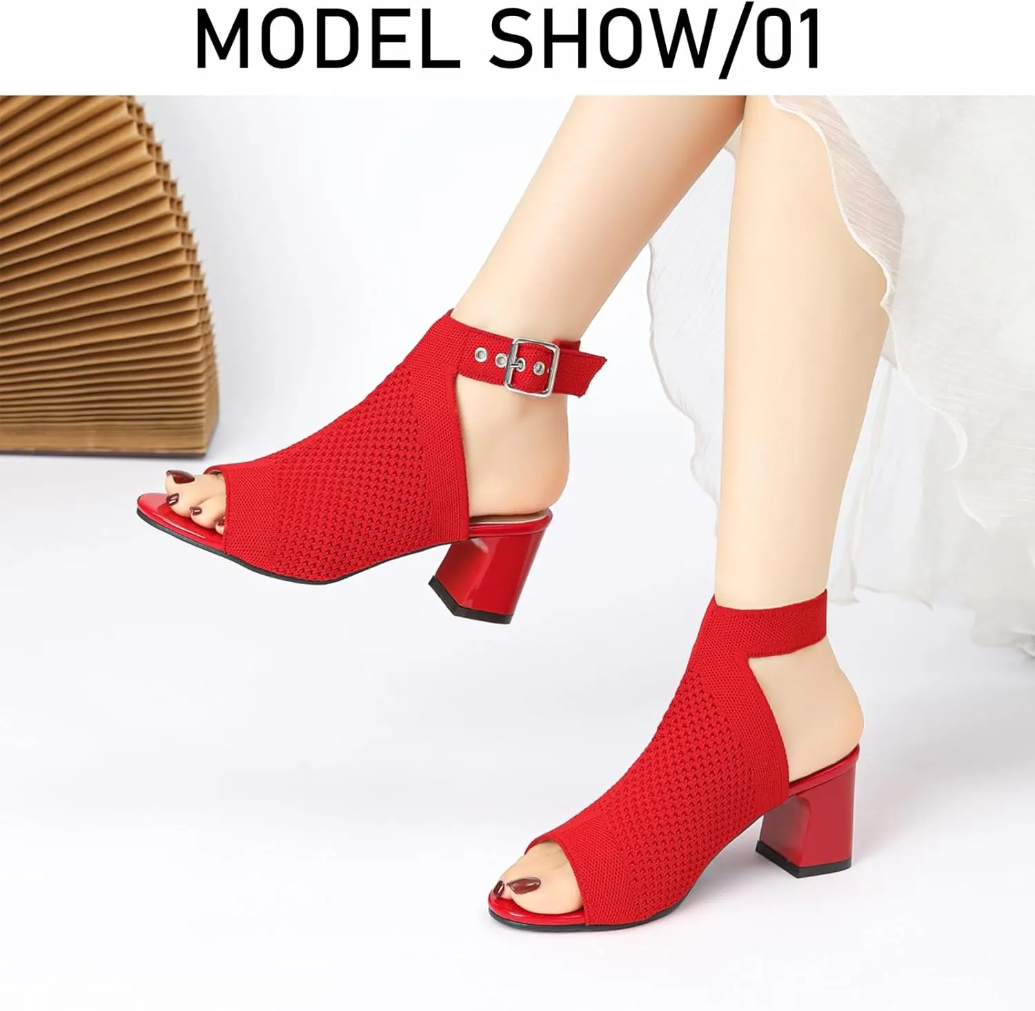 Women'S Knitted Peep Toe Slingback Chunky Heel Buckle Ankle Boots Summer Breathable Mesh Open Toe Hollow Block Heel Sandals Fashion Work Walking Sandals