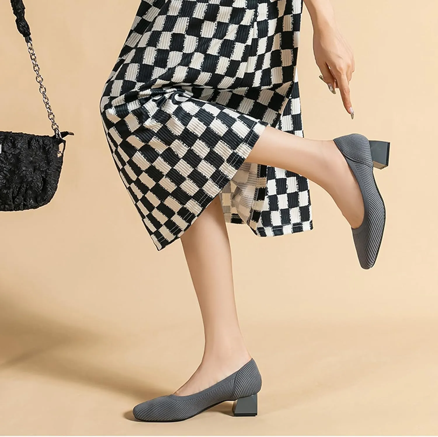 Women's Knitted Square Toe Chunky Heel Pumps,Classic Woven Low Heel Closed Toe Anti-Slip Comfortable Slip On Wedding Party Office Casual Dress Shoes