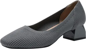 Women's Knitted Square Toe Chunky Heel Pumps,Classic Woven Low Heel Closed Toe Anti-Slip Comfortable Slip On Wedding Party Office Casual Dress Shoes
