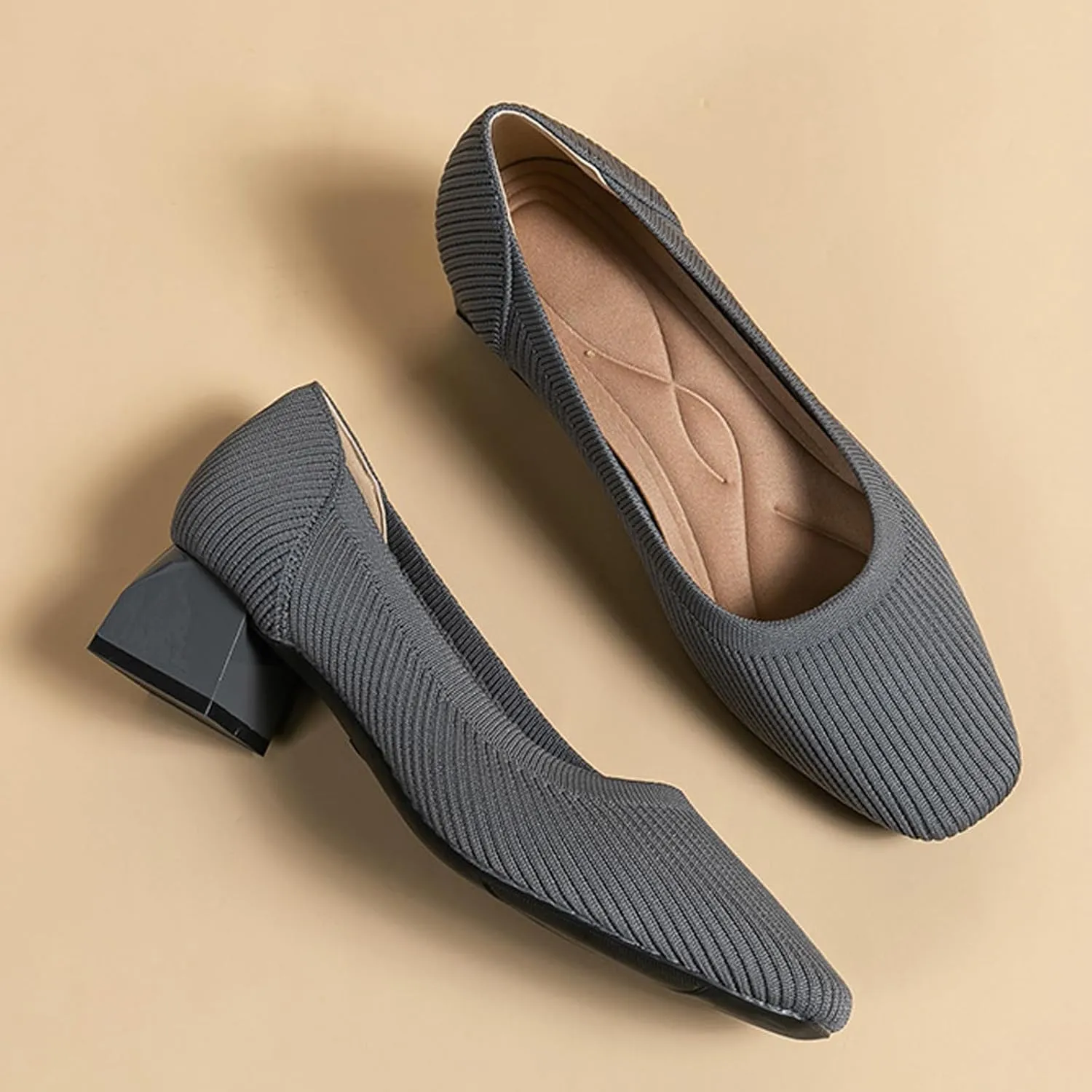 Women's Knitted Square Toe Chunky Heel Pumps,Classic Woven Low Heel Closed Toe Anti-Slip Comfortable Slip On Wedding Party Office Casual Dress Shoes