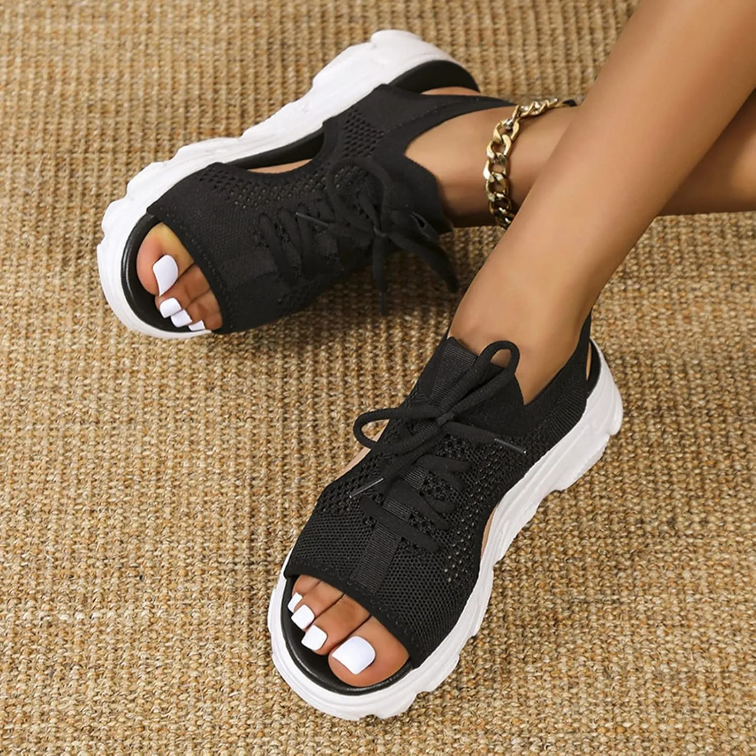 Women's Lace Up Muffin Sandals, Orthopedic Sandals for Women, 2024 Summer Mesh Open Toe Platform Wedge Sandals Causal Walking Sandals