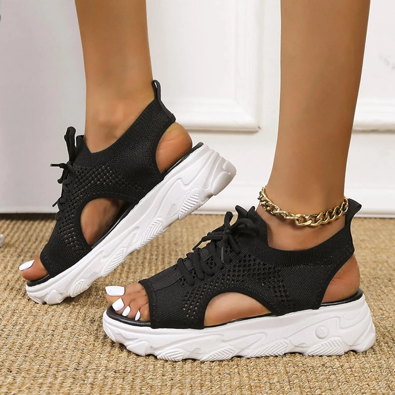 Women's Lace Up Muffin Sandals, Orthopedic Sandals for Women, 2024 Summer Mesh Open Toe Platform Wedge Sandals Causal Walking Sandals