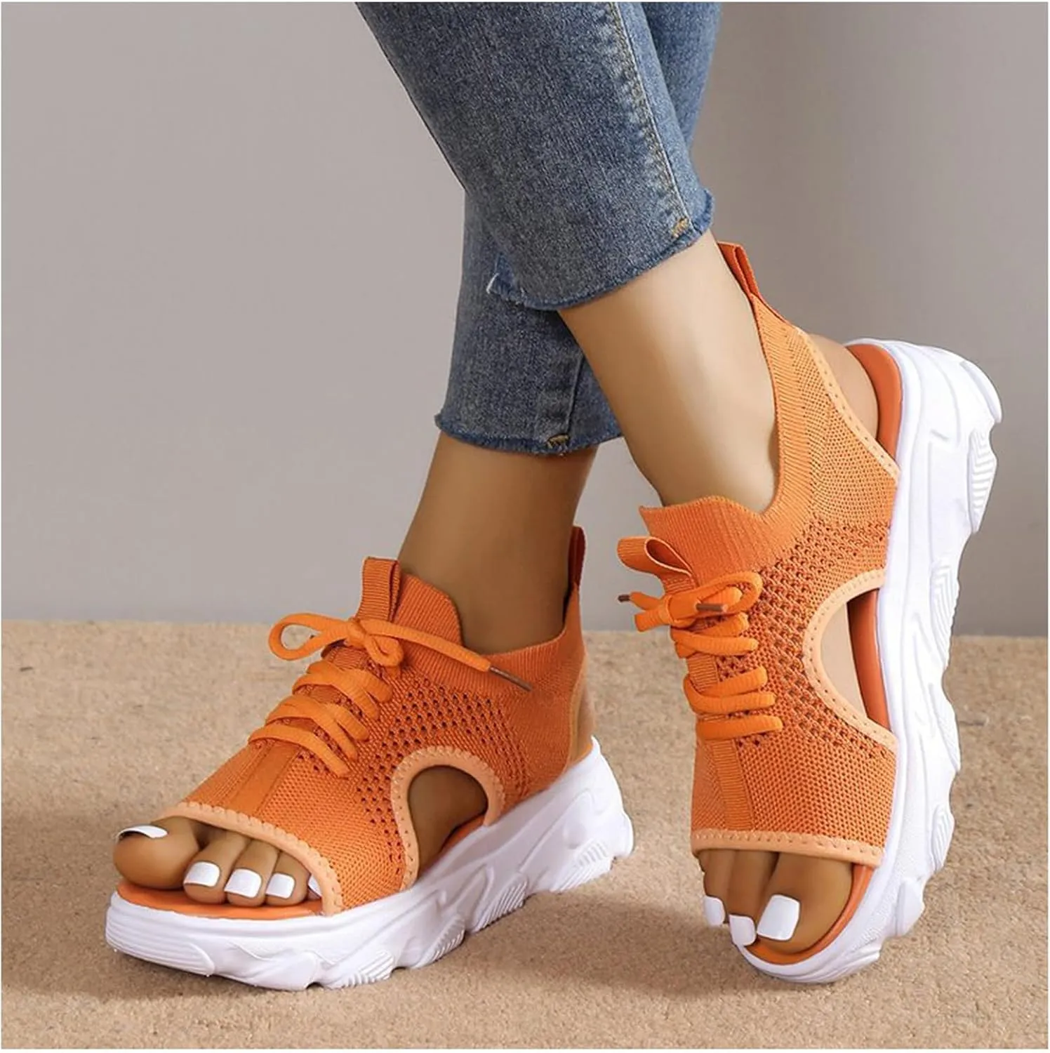 Women's Lace Up Muffin Sandals, Orthopedic Sandals for Women, 2024 Summer Mesh Open Toe Platform Wedge Sandals Causal Walking Sandals