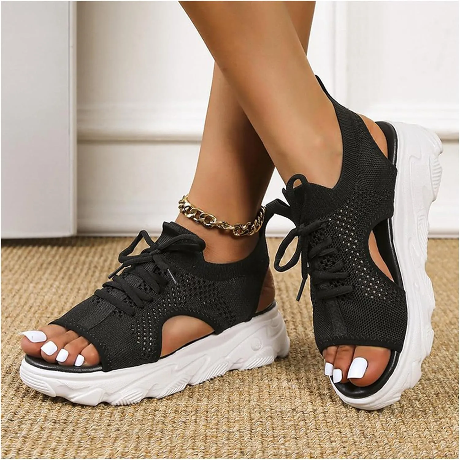 Women's Lace Up Muffin Sandals, Orthopedic Sandals for Women, 2024 Summer Mesh Open Toe Platform Wedge Sandals Causal Walking Sandals