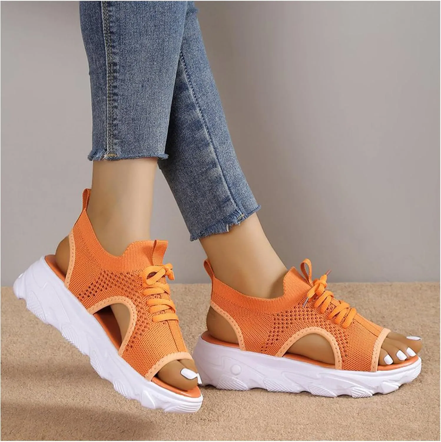 Women's Lace Up Muffin Sandals, Orthopedic Sandals for Women, 2024 Summer Mesh Open Toe Platform Wedge Sandals Causal Walking Sandals