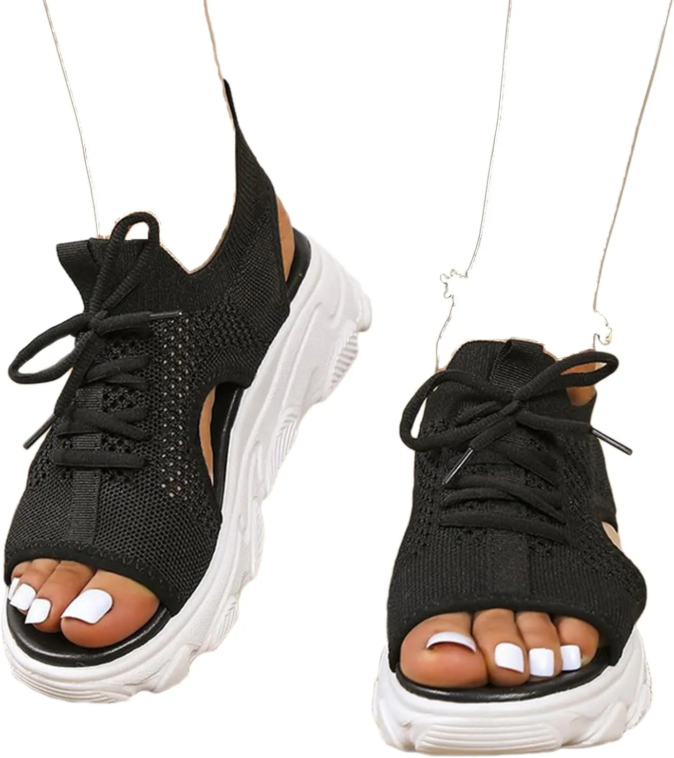 Women's Lace Up Muffin Sandals, Orthopedic Sandals for Women, 2024 Summer Mesh Open Toe Platform Wedge Sandals Causal Walking Sandals
