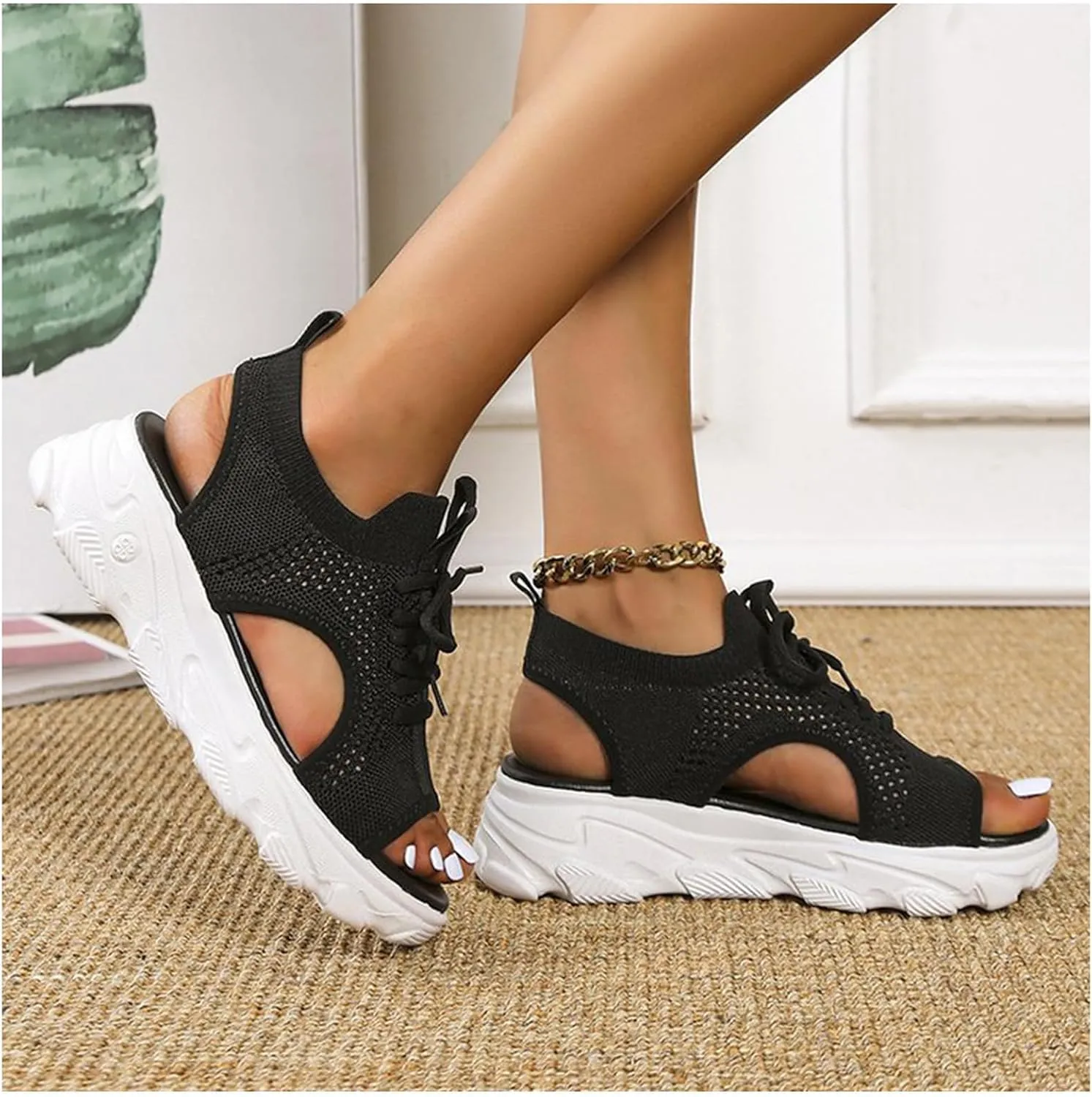 Women's Lace Up Muffin Sandals, Orthopedic Sandals for Women, 2024 Summer Mesh Open Toe Platform Wedge Sandals Causal Walking Sandals