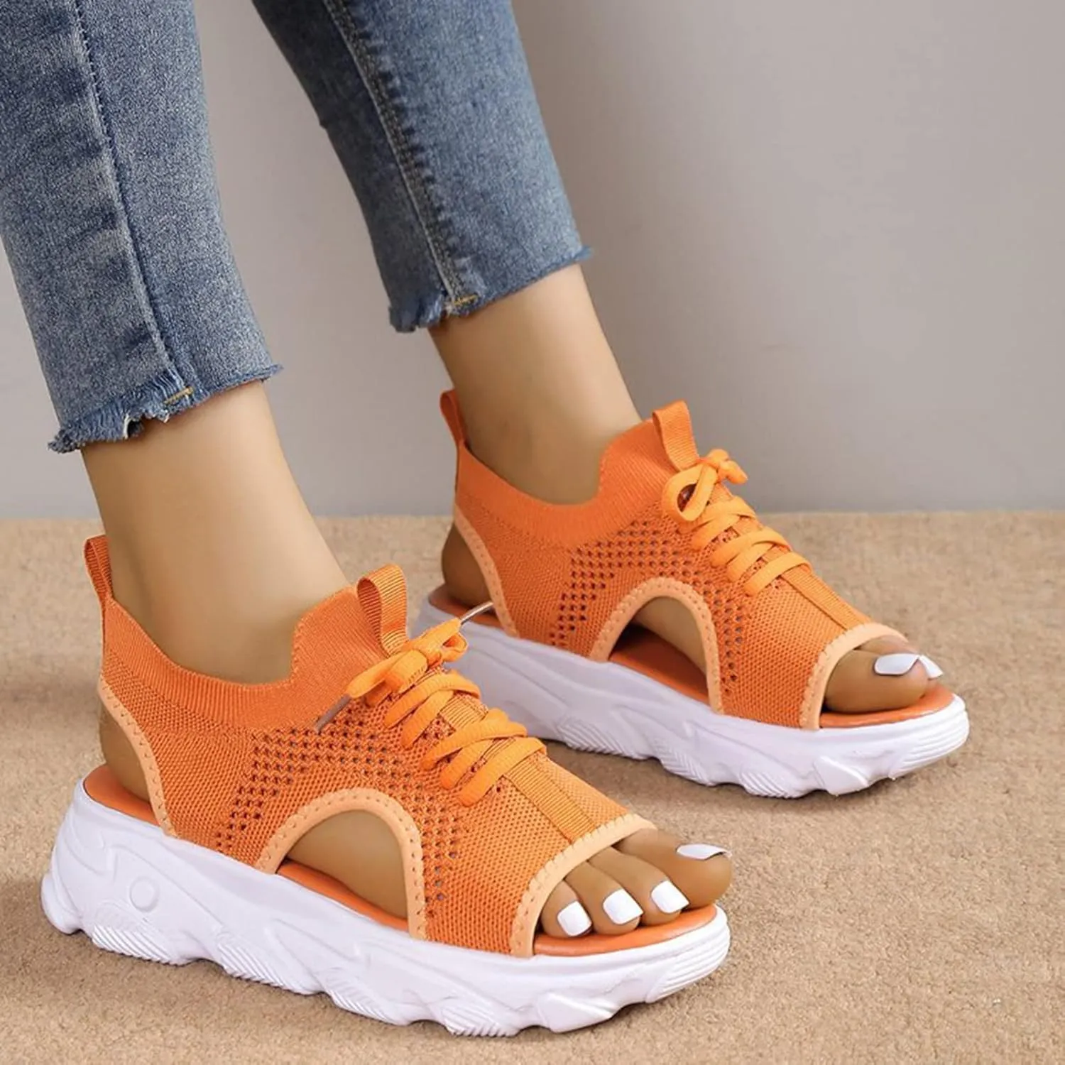 Women's Lace Up Muffin Sandals, Orthopedic Sandals for Women, 2024 Summer Mesh Open Toe Platform Wedge Sandals Causal Walking Sandals