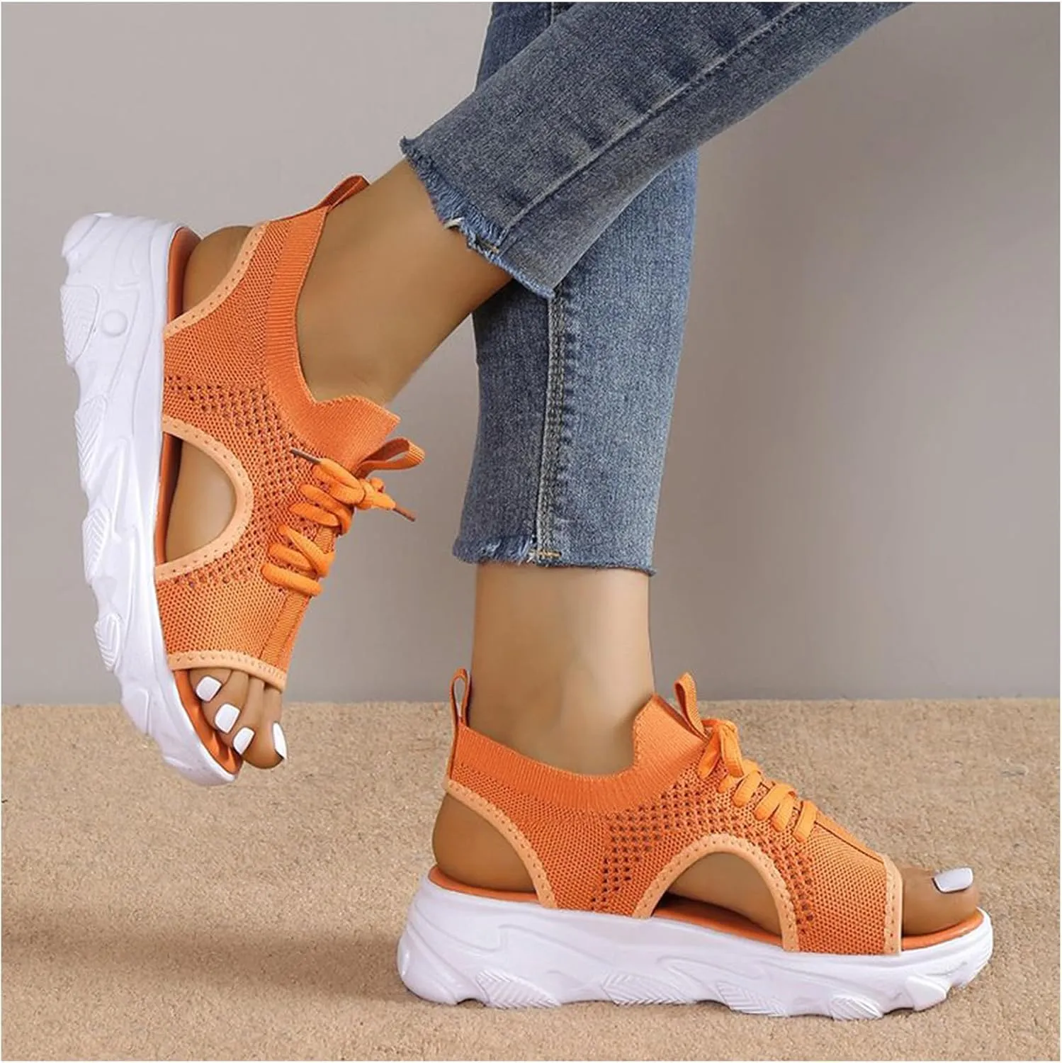 Women's Lace Up Muffin Sandals, Orthopedic Sandals for Women, 2024 Summer Mesh Open Toe Platform Wedge Sandals Causal Walking Sandals