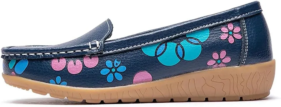 Women's Leather Loafers Driving Moccasins Casual Slip-On Boat Shoes Comfort Walking Flat Loafer for Women Wide Width