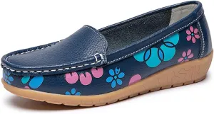 Women's Leather Loafers Driving Moccasins Casual Slip-On Boat Shoes Comfort Walking Flat Loafer for Women Wide Width