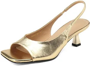 Women's Leather Open Toe Kitten Heels Slingback Sandals Comfortable Square Toe Slip On Elastic Strap Low Heels Wedding Formal Party Dress Pumps