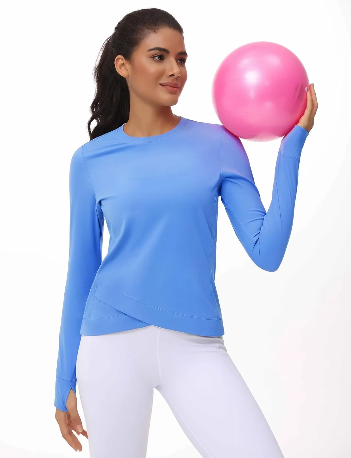 Women's Long Sleeve Compression Shirts Workout Tops Cross Hem Athletic Running Yoga T-Shirts with Thumb Hole