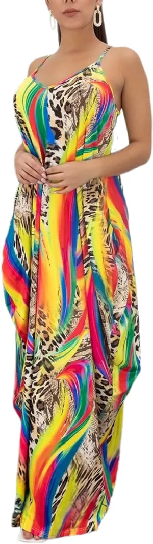 Women's Maxi Sunflower Dresses Sleeveless Long Tie Dye Dress Casual Sundresses with Pockets