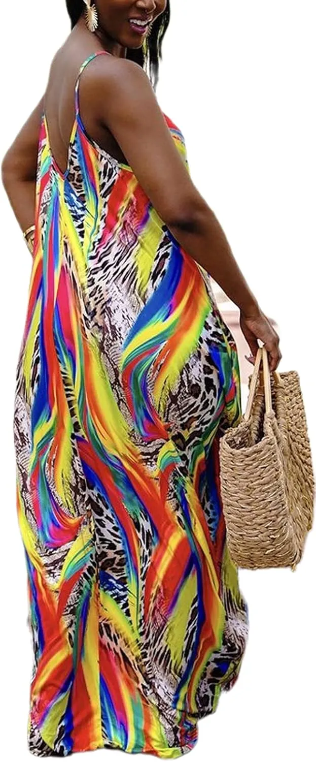 Women's Maxi Sunflower Dresses Sleeveless Long Tie Dye Dress Casual Sundresses with Pockets