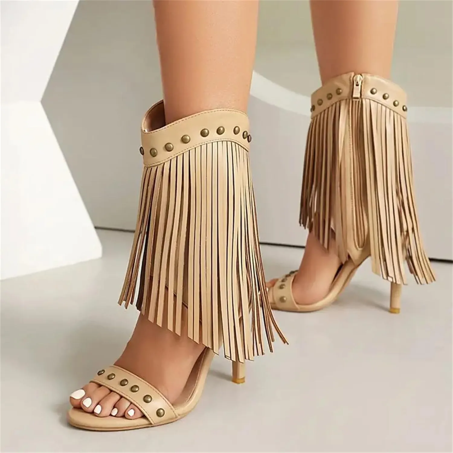 Women's Metal Rivet Stiletto Sandals - 10.5CM Open Toe, Tassel Dating Fashion Sandals