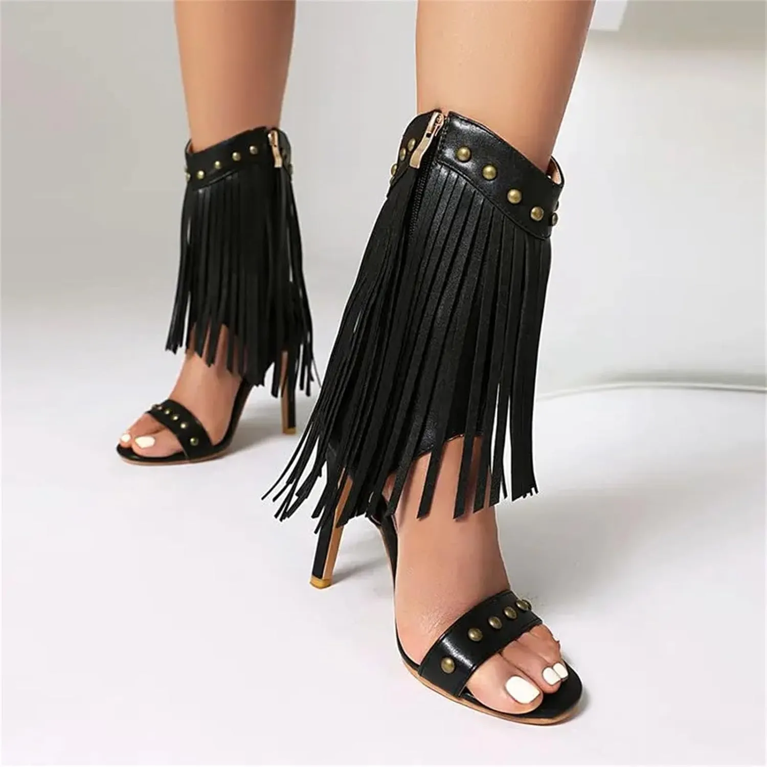 Women's Metal Rivet Stiletto Sandals - 10.5CM Open Toe, Tassel Dating Fashion Sandals