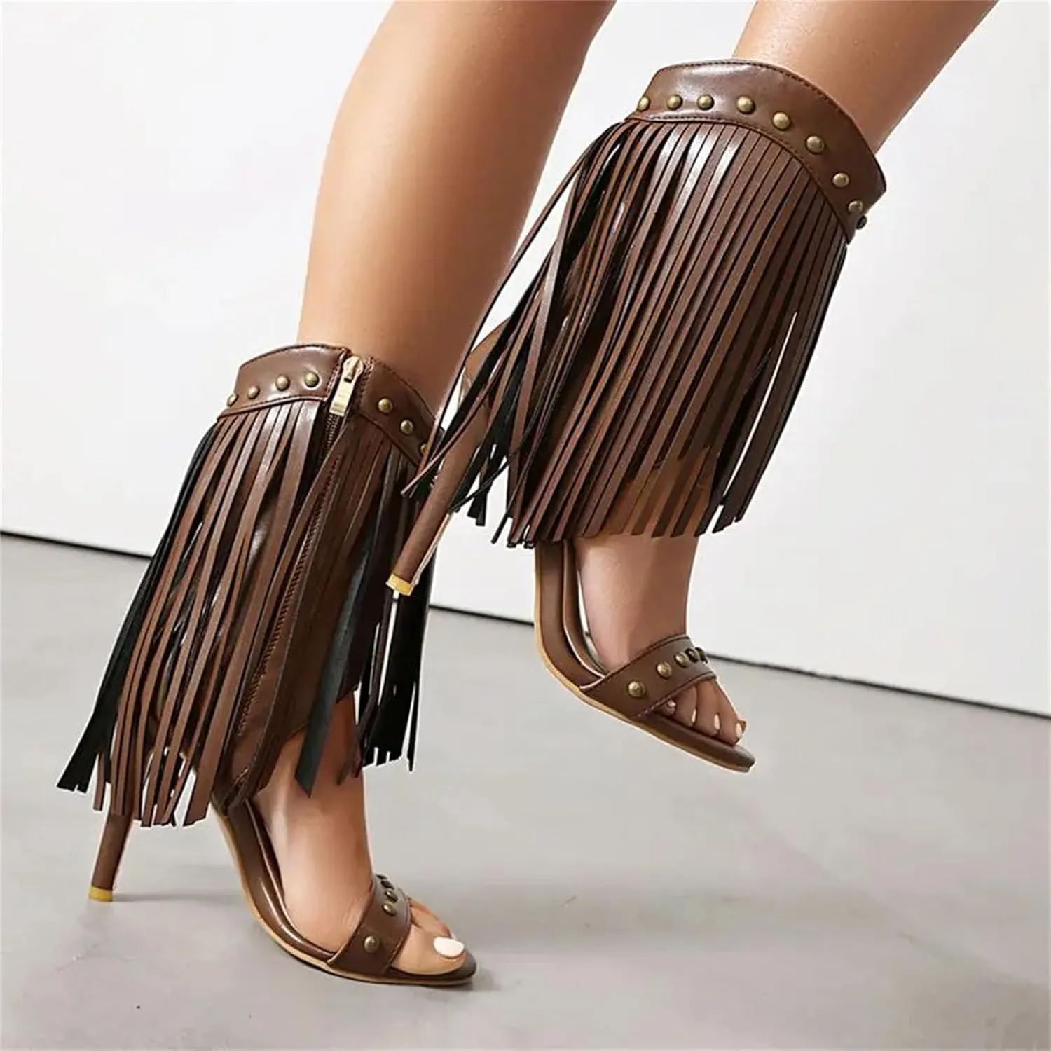 Women's Metal Rivet Stiletto Sandals - 10.5CM Open Toe, Tassel Dating Fashion Sandals