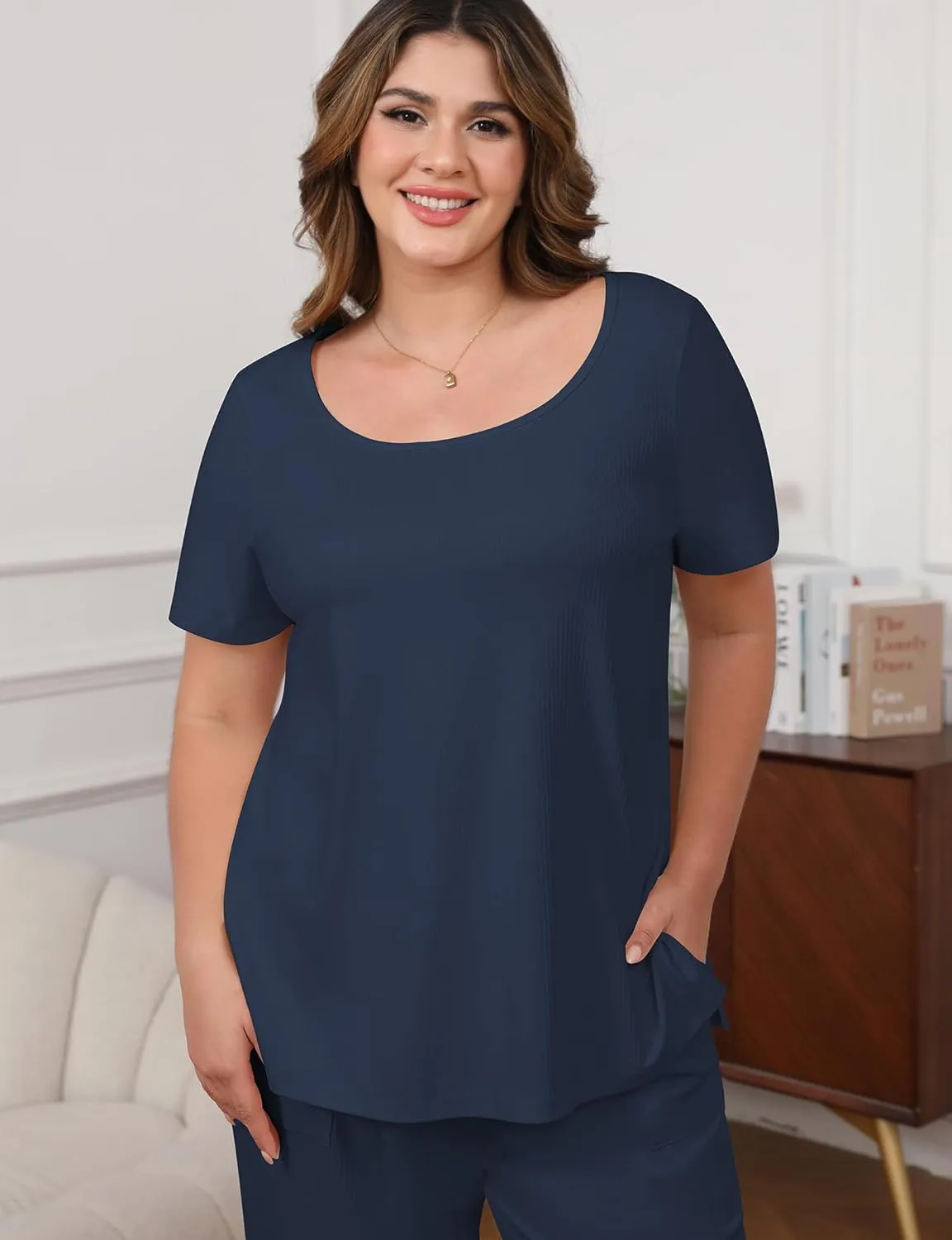 Women’s Plus Size 2 Piece Pajamas Lounge Sets Summer Outfits Short Sleeve Tops Wide Leg Pants with Pockets