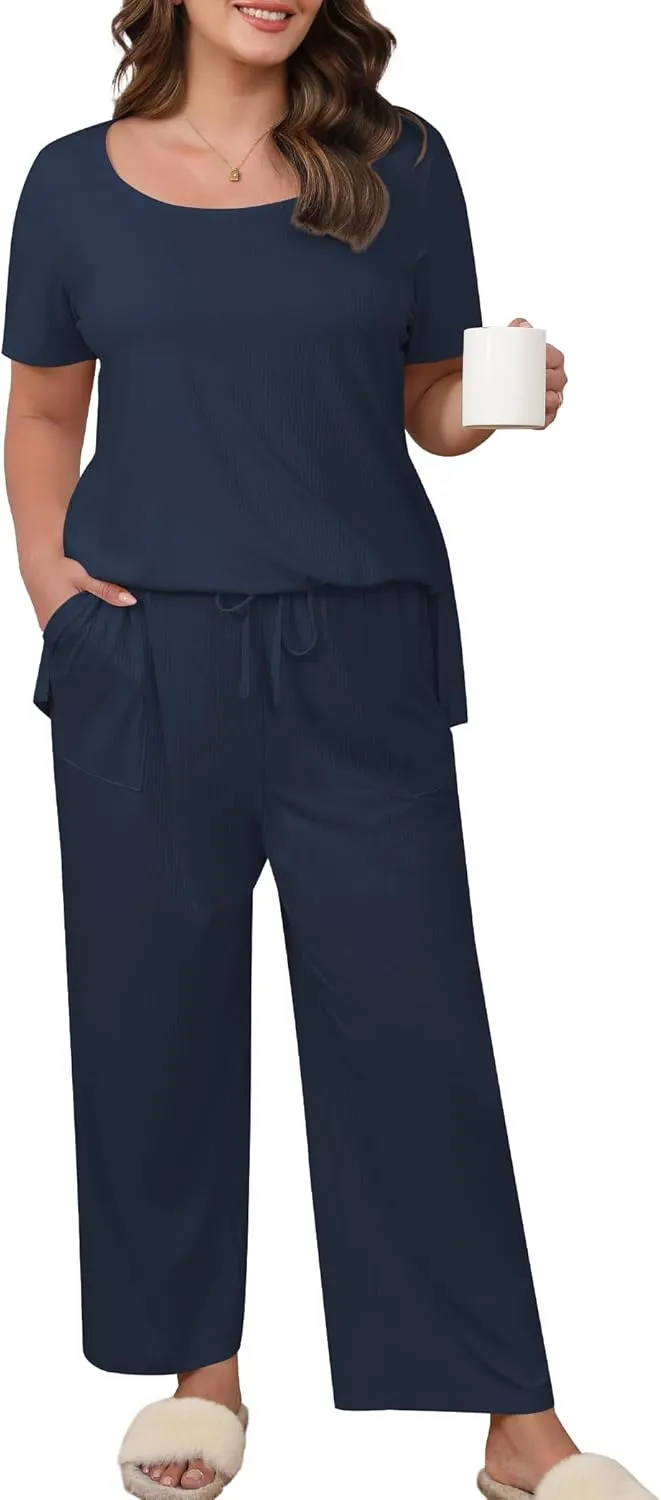 Women’s Plus Size 2 Piece Pajamas Lounge Sets Summer Outfits Short Sleeve Tops Wide Leg Pants with Pockets