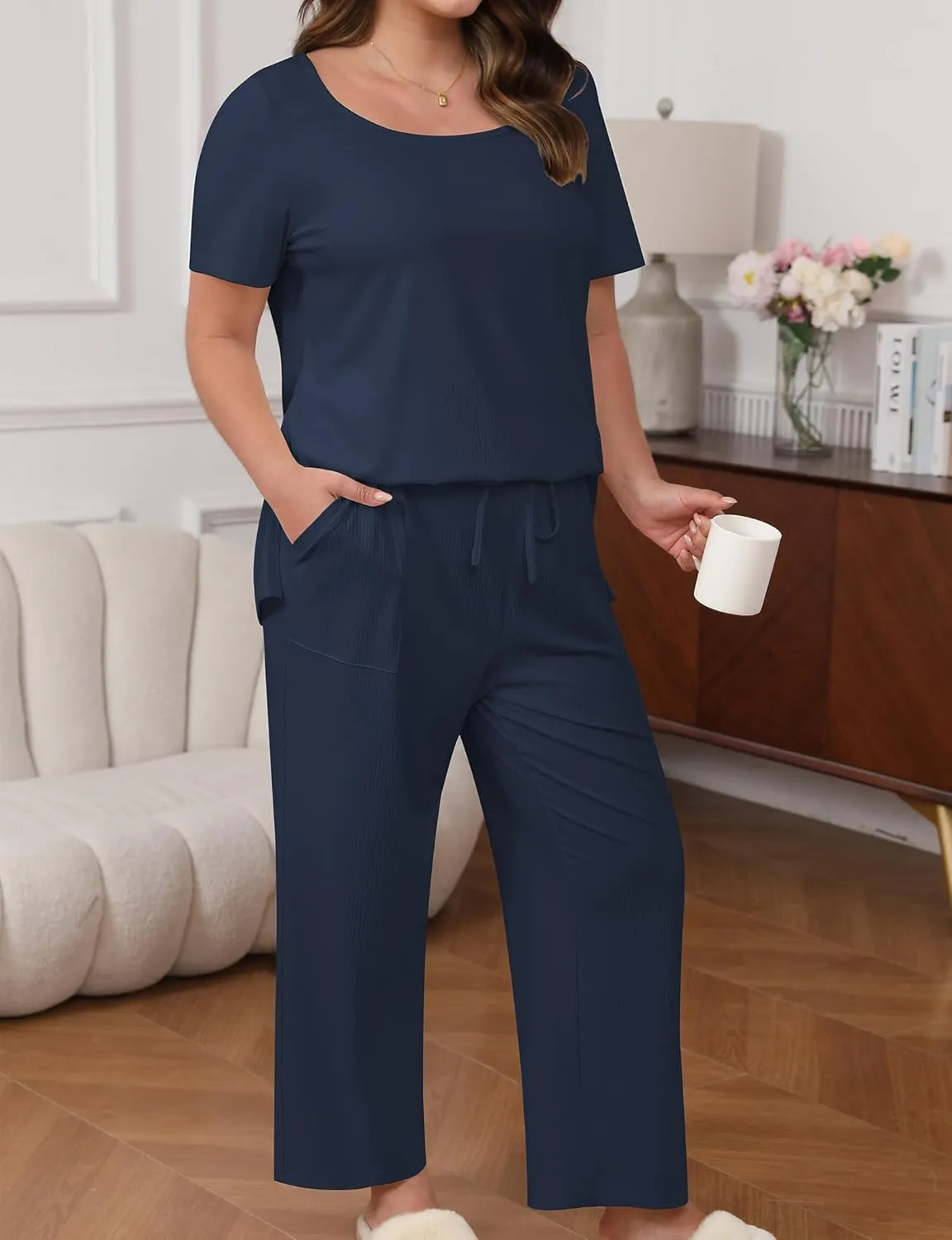 Women’s Plus Size 2 Piece Pajamas Lounge Sets Summer Outfits Short Sleeve Tops Wide Leg Pants with Pockets