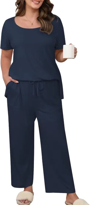 Women’s Plus Size 2 Piece Pajamas Lounge Sets Summer Outfits Short Sleeve Tops Wide Leg Pants with Pockets