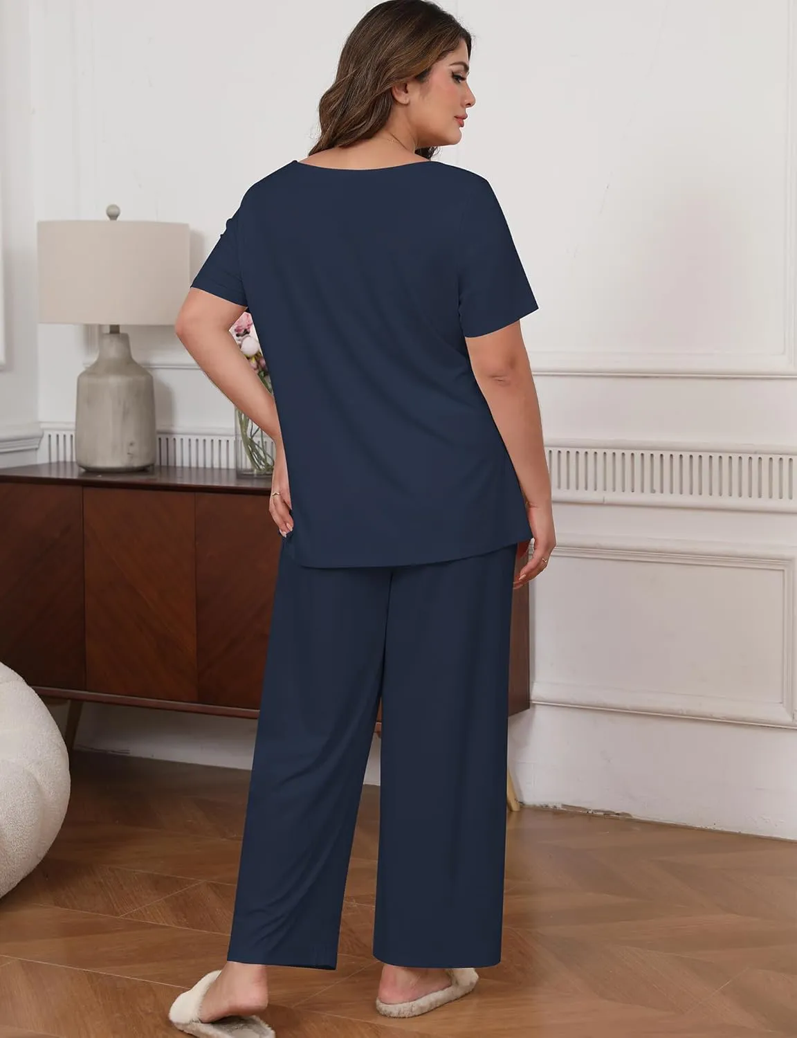 Women’s Plus Size 2 Piece Pajamas Lounge Sets Summer Outfits Short Sleeve Tops Wide Leg Pants with Pockets