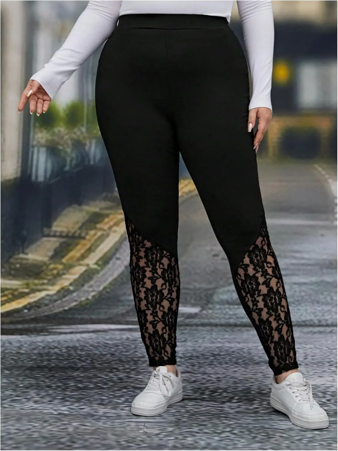 Women's Plus Size Floral Lace High Waist Leggings Casual Long Pants Clubwear