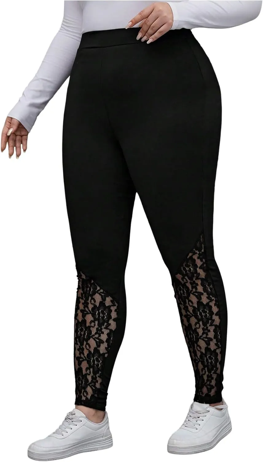 Women's Plus Size Floral Lace High Waist Leggings Casual Long Pants Clubwear