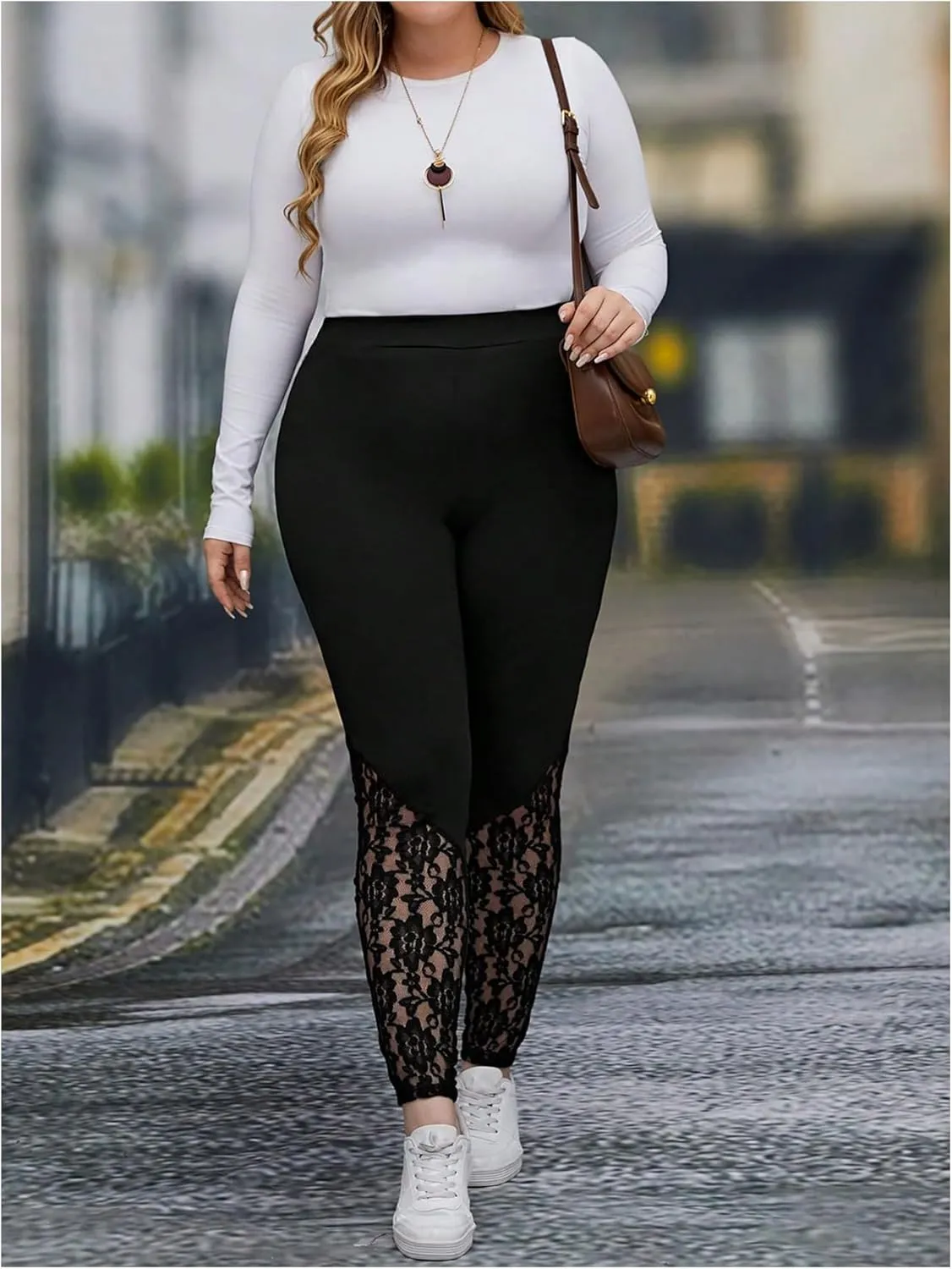 Women's Plus Size Floral Lace High Waist Leggings Casual Long Pants Clubwear