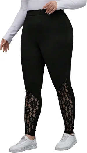 Women's Plus Size Floral Lace High Waist Leggings Casual Long Pants Clubwear