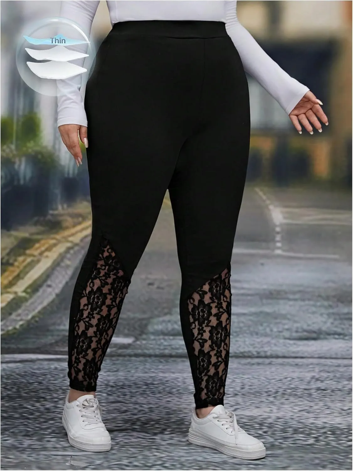 Women's Plus Size Floral Lace High Waist Leggings Casual Long Pants Clubwear