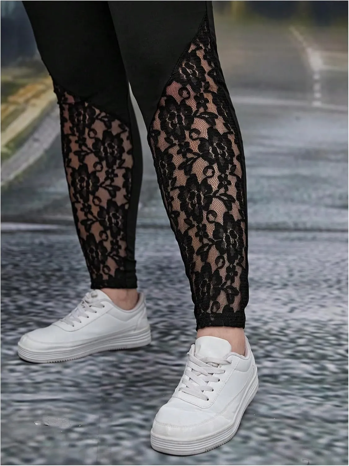 Women's Plus Size Floral Lace High Waist Leggings Casual Long Pants Clubwear
