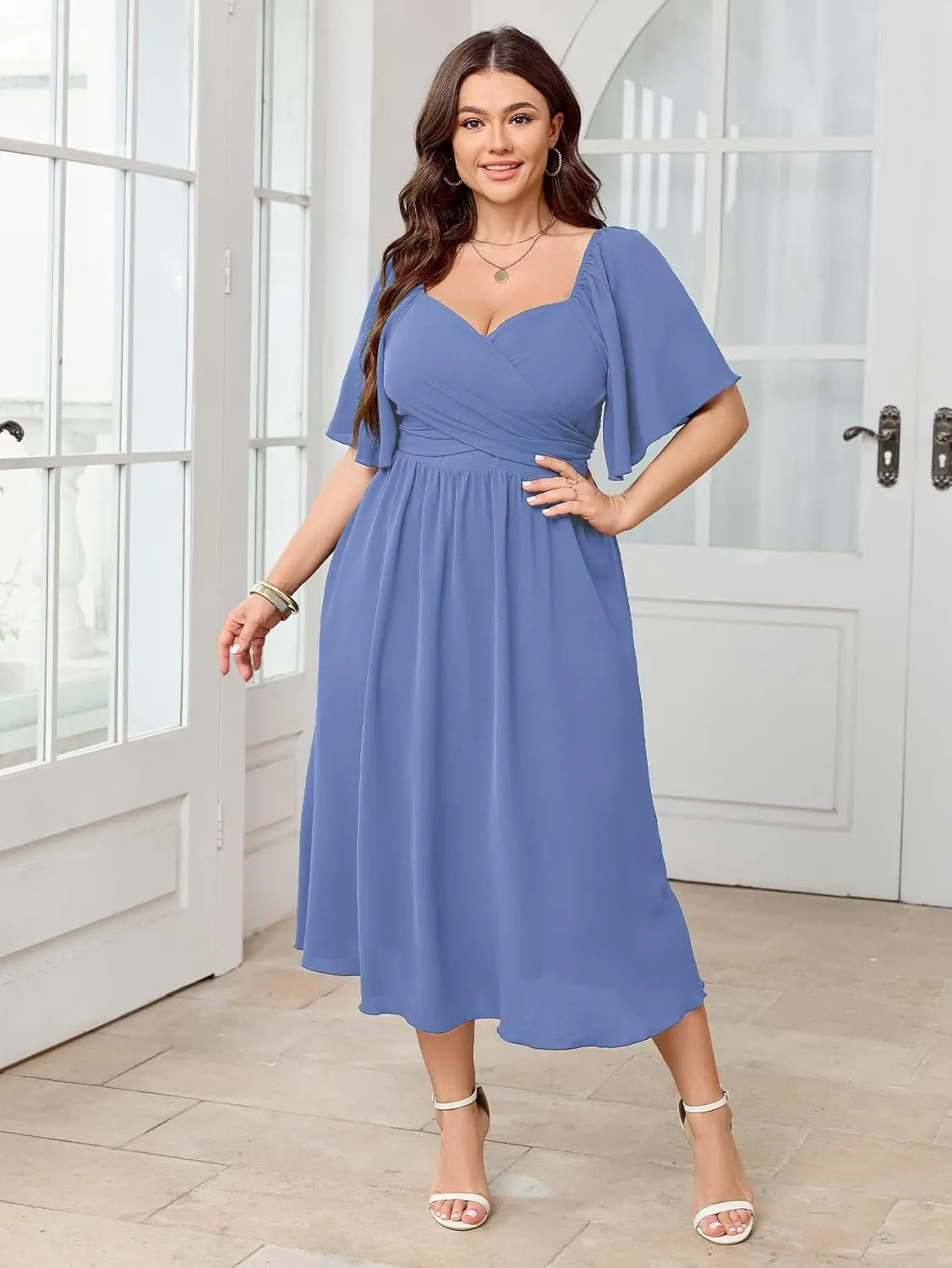 Women's Plus Size Midi Dress Sweetheart Neck Short Sleeve Wedding Guest Cocktail A Line Flowy Dress