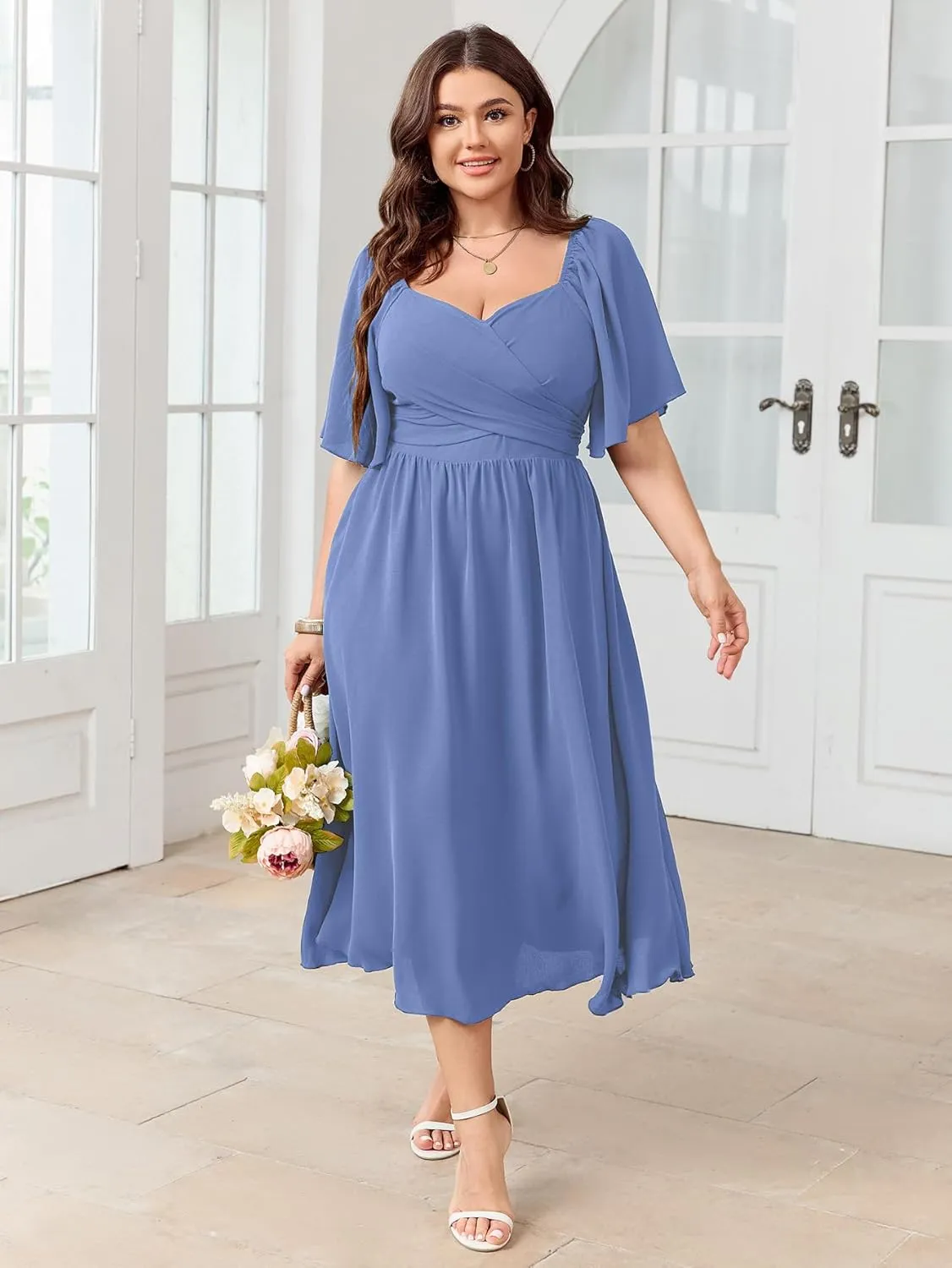Women's Plus Size Midi Dress Sweetheart Neck Short Sleeve Wedding Guest Cocktail A Line Flowy Dress
