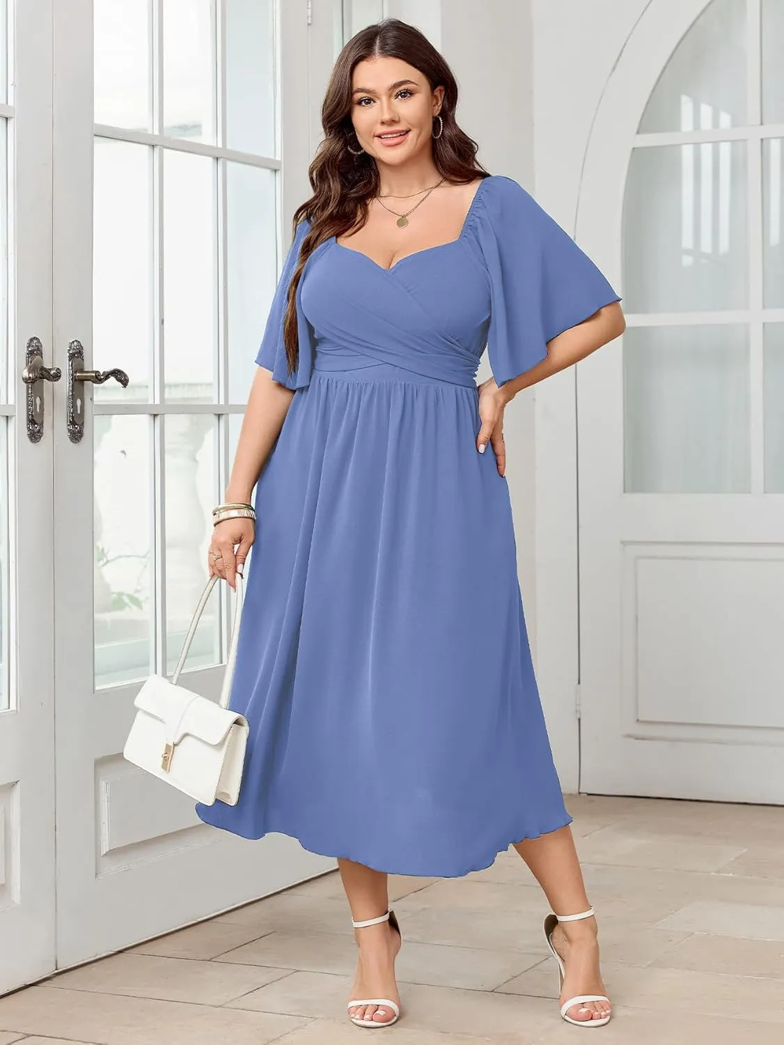 Women's Plus Size Midi Dress Sweetheart Neck Short Sleeve Wedding Guest Cocktail A Line Flowy Dress
