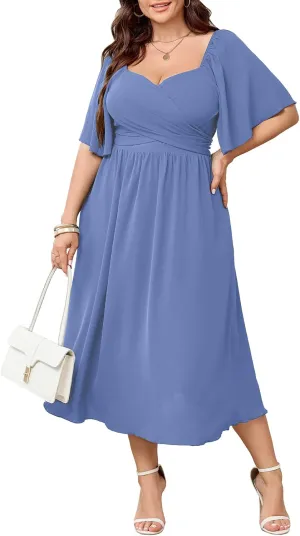 Women's Plus Size Midi Dress Sweetheart Neck Short Sleeve Wedding Guest Cocktail A Line Flowy Dress