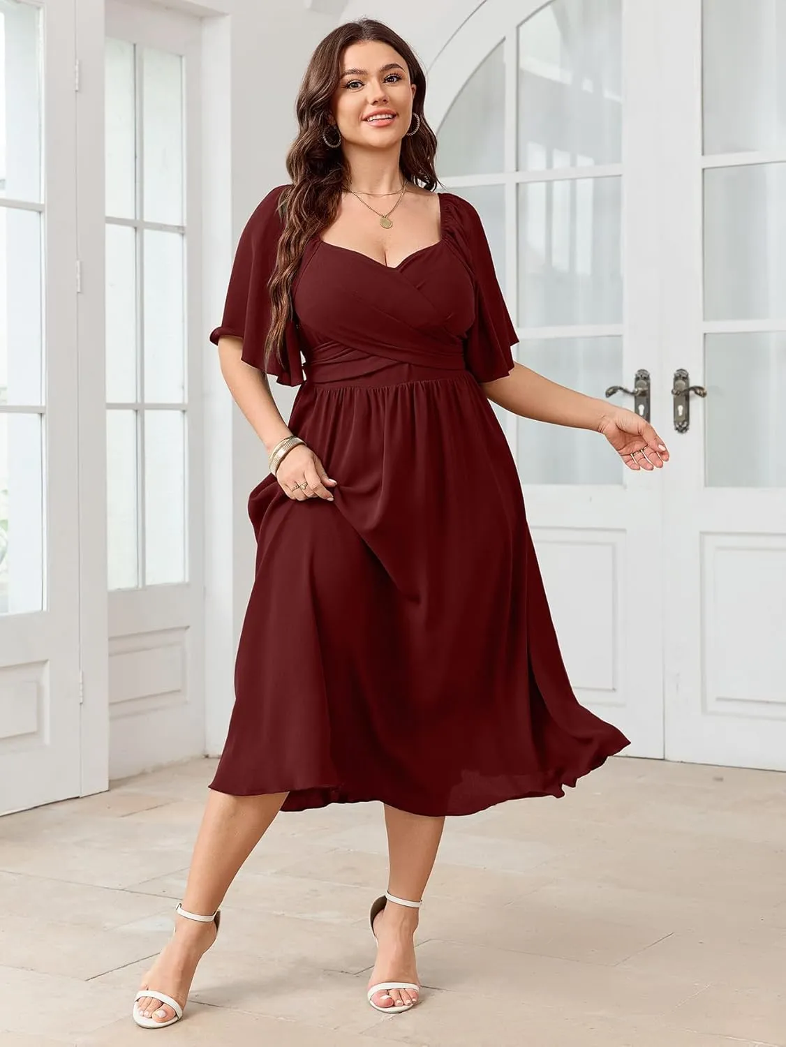 Women's Plus Size Midi Dress Sweetheart Neck Short Sleeve Wedding Guest Cocktail A Line Flowy Dress