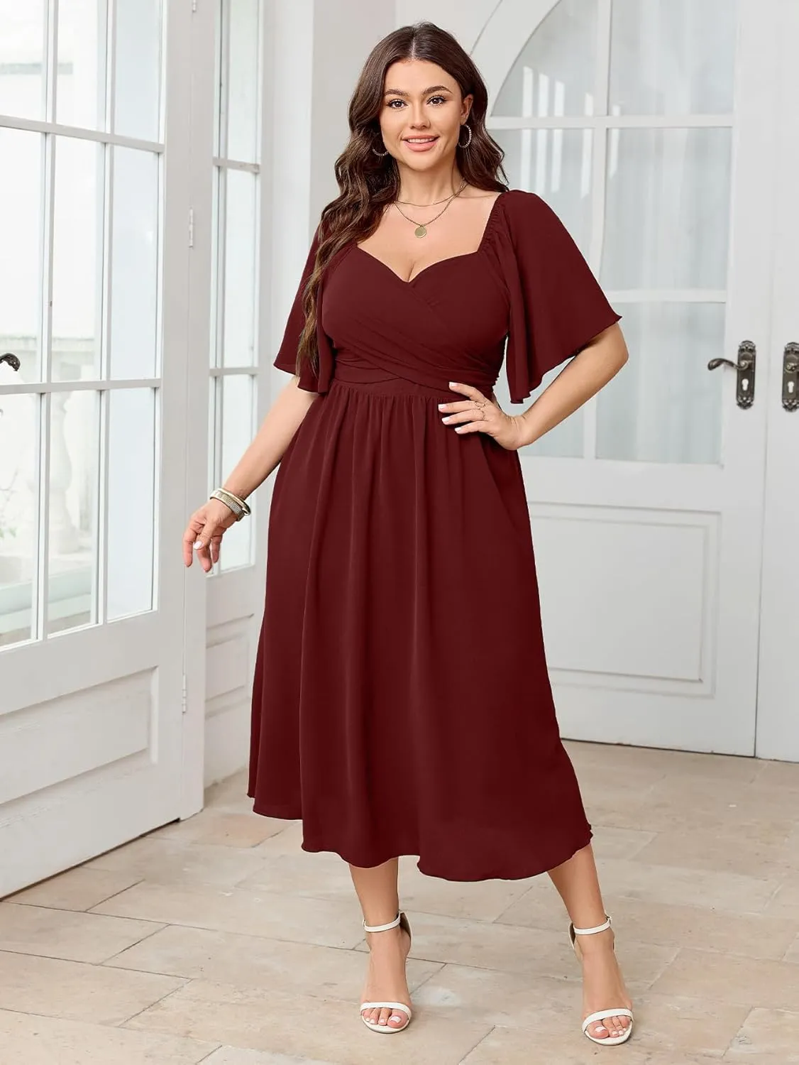 Women's Plus Size Midi Dress Sweetheart Neck Short Sleeve Wedding Guest Cocktail A Line Flowy Dress
