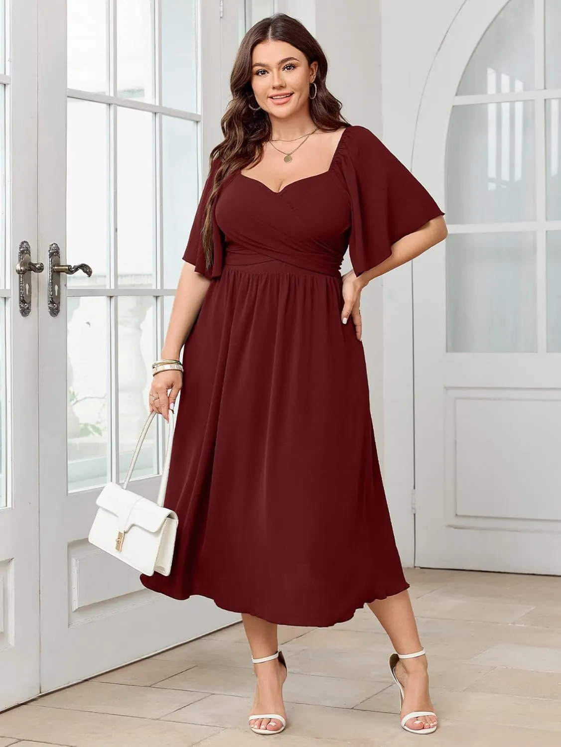 Women's Plus Size Midi Dress Sweetheart Neck Short Sleeve Wedding Guest Cocktail A Line Flowy Dress